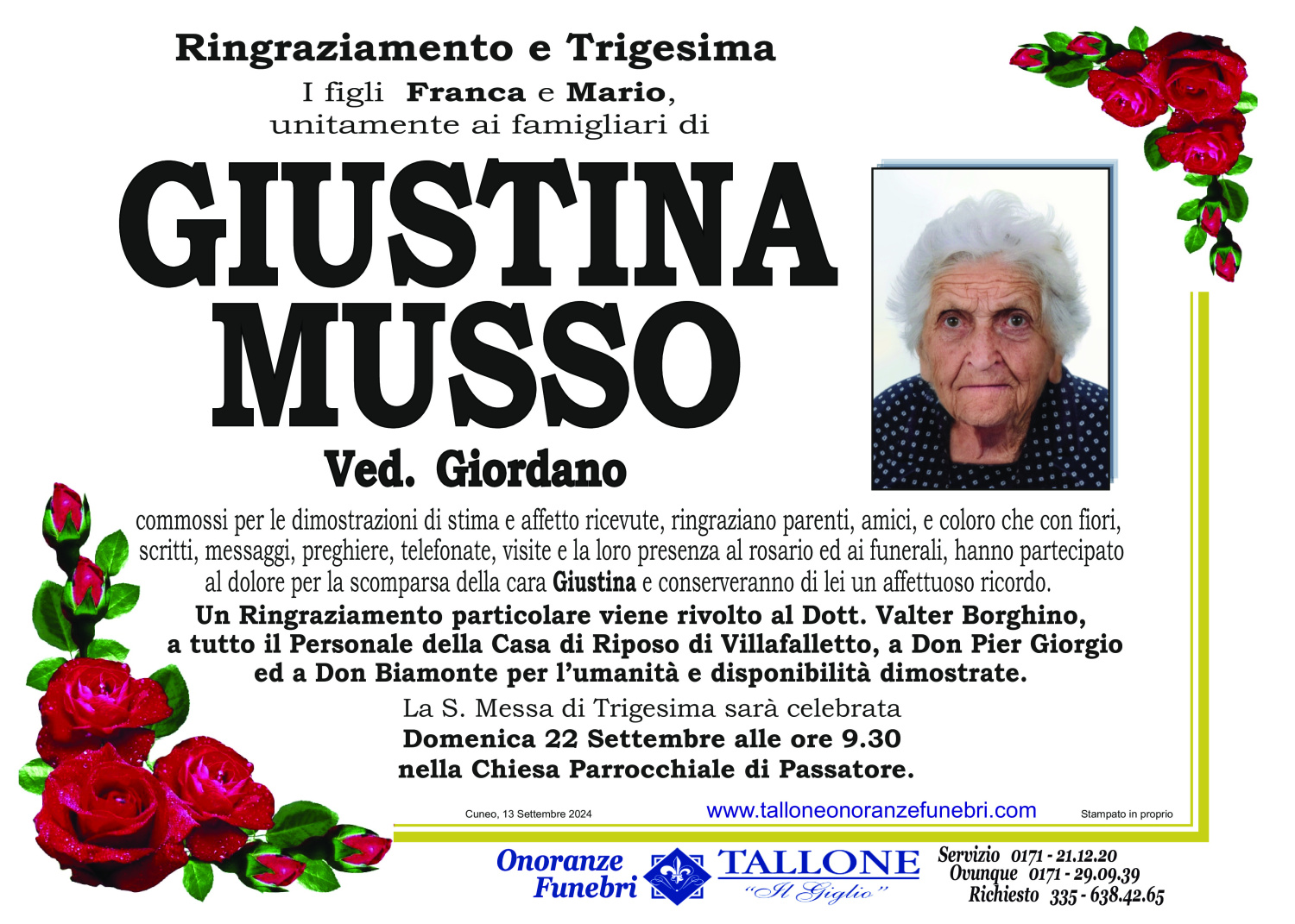 <br />
<b>Warning</b>:  Undefined variable $info in <b>/home/tallone/public_html/ringraziamenti.php</b> on line <b>68</b><br />
Giustina Musso